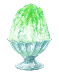 ガラスの器に入ったかき氷の水彩イラスト(緑・メロンシロップ)