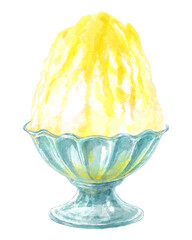 ガラスの器に入ったかき氷の水彩イラスト(黄色・レモン)