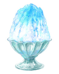ガラスの器に入ったかき氷の水彩イラスト(水色・ブルーハワイ)