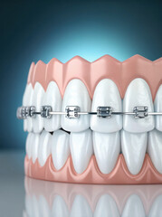 detailed 3D render of dental model showcasing row of white teeth with braces, highlighting dental care and orthodontics
