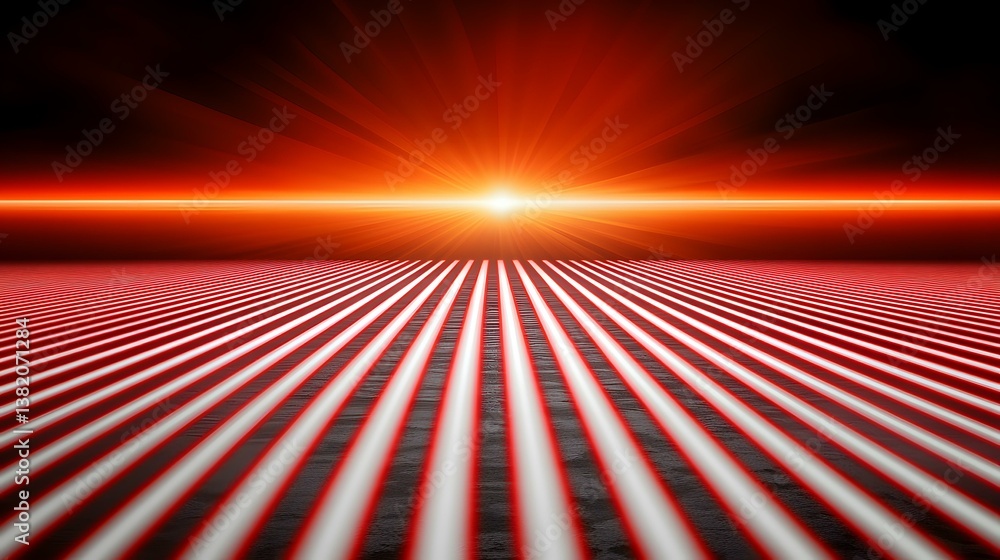 Aufkleber an abstract image depicting parallel red and white lines receding to a bright orange horizon with su