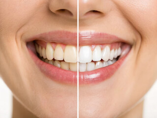 close up of person mouth showing before and after teeth whitening results, highlighting transformation and bright smile
