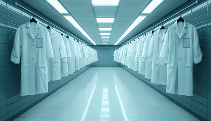 clean, modern hallway features hanging lab coats, creating sterile and organized atmosphere. bright lighting enhances clinical feel of space