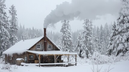 A wooden home shop in the wilderness, smoke rising from its chimney in a snowy scene.