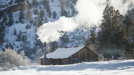 A wooden home shop in the wilderness, smoke rising from its chimney in a snowy scene.