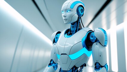 Corporate Humanoid Robot: White & Blue Neon for Business Innovation  Generative AI