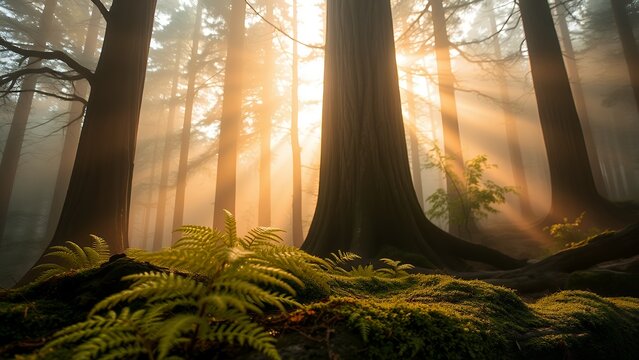 Sunbeams pierce misty forest illuminating ancient trees and vibrant ferns Golden light bathes mossy