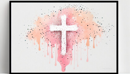 A  painted cross with specs of color around it. Religious art. Dramatic Christian art.