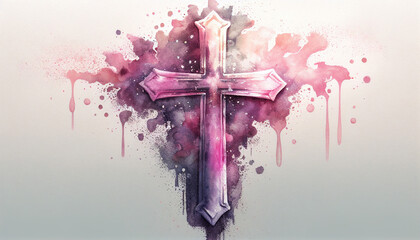 A pink painted cross with black contour and specs of color around it. Religious art. Dramatic Christian art.