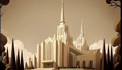 An illustration of mormon temple in white and brown and beige tones. 