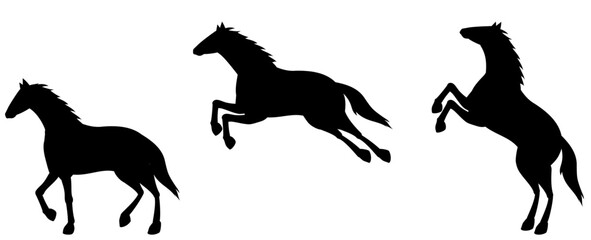 歩く馬と飛ぶ馬と立ち上がる馬のシルエットセット
