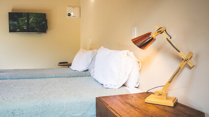 Room interior modern hotel pillows beds chair lounge rolled towel 