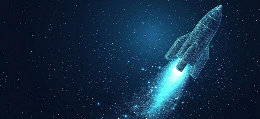 Launching Rocket Ship Made of Lines Soaring Through Starry Night Sky