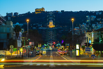 March 9, 2019: Shrine of the Bab and the lower terraces at night. It is a structure on the slopes of Mount Carmel in Haifa, Israel and is considered to be the second holiest place on Earth for Bahai