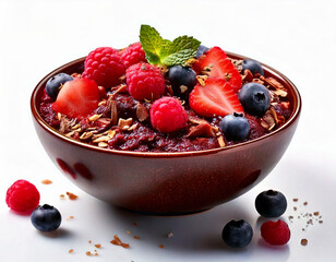 Berry acai toppings, breakfast close-up on a white background