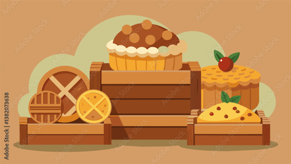 Poster a simple yet elegant display of savory and sweet pies and tarts stacked on rustic wooden crates to a