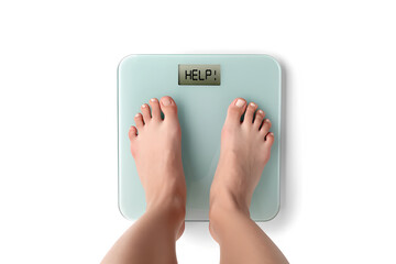 female standing on scale, weighing isolated on white background, 3d render illustration