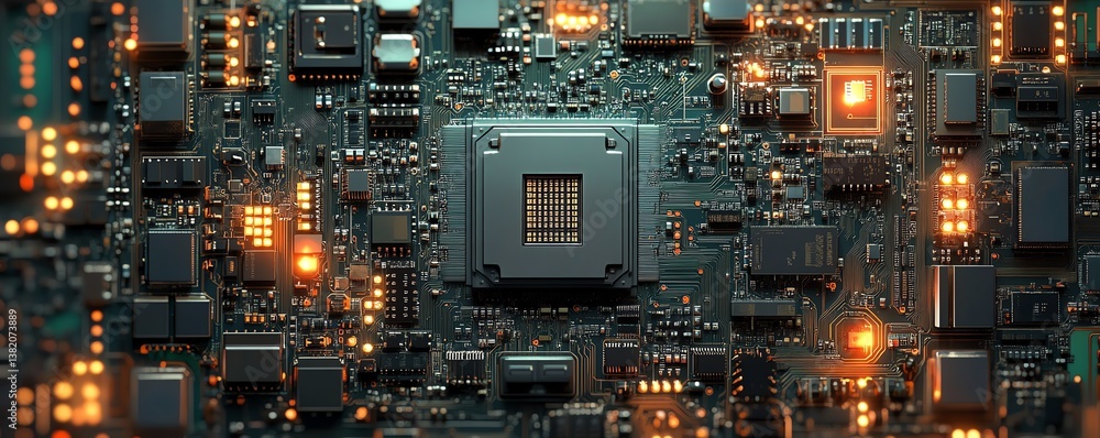 Poster futuristic motherboard texture design, software coding, electronic patterns, digital technology, eng