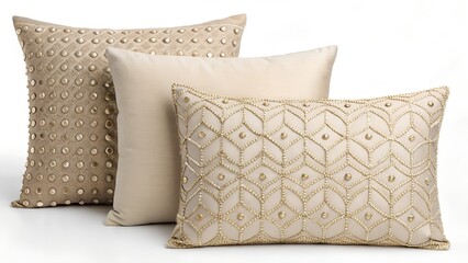 cozy beige and champagne throw pillows featuring metallic embellishments, such as sequins or beads

