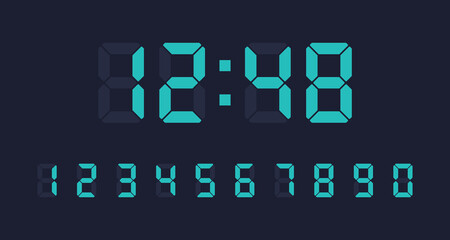 Electronic numbers set. Vector digital LED numbers set. Digital display number set for sign, alarm, calculator, clock, light, electronic, computer, watch, time. Vector illustration of LED digits.	