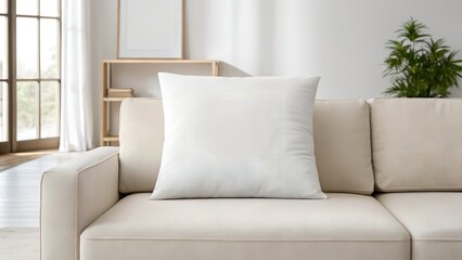 Minimalist design featuring a white cushion on a soft beige couch in a serene modern living room with ample empty space for creative inspiration and mockup use 
