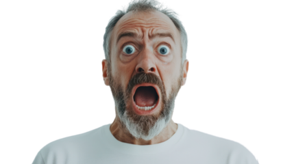 Shocking reaction from a man in a studio setting expressing fear and surprise