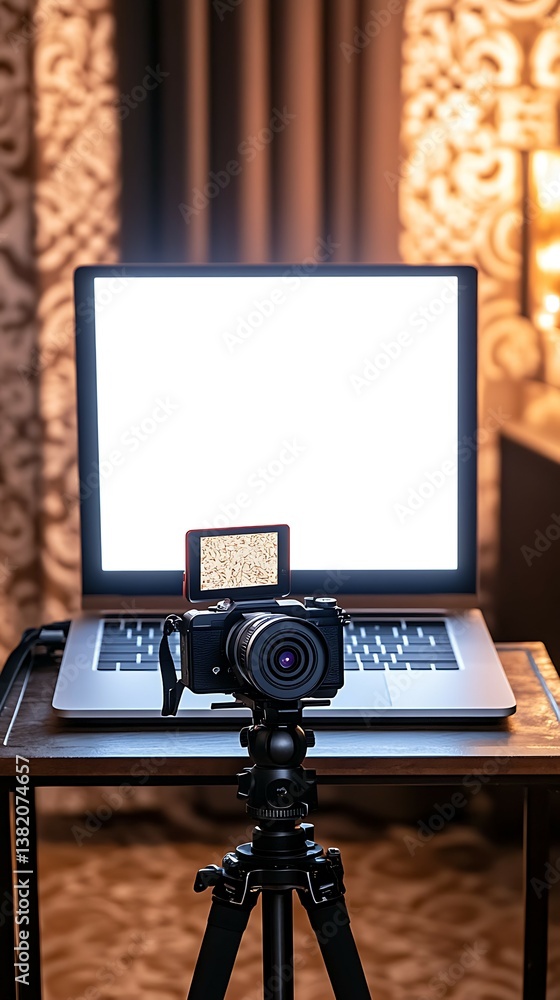Aufkleber camera on a tripod positioned in front of a laptop with a blank screen, set against a decorative bac