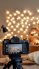 A camera captures a warm, illuminated scene with fairy lights in the background, creating a cozy atmosphere. home video blog setup with camera