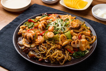 black bean noodles with seafood and vegetables
