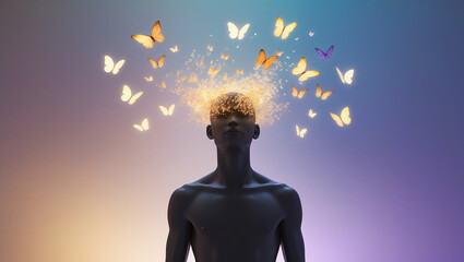 Silhouette with Butterflies Emerging from the Head – Symbolizing Transformation, Liberation, and Newfound Creativity