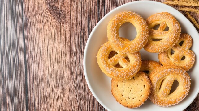 Assorted Sugar-Coated Cookies on a White Plate with Rustic Wooden Background
