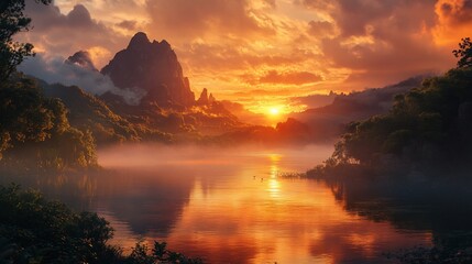Magnificent Sunrise over the Mountain Lake, Warm Hues and Misty Reflections