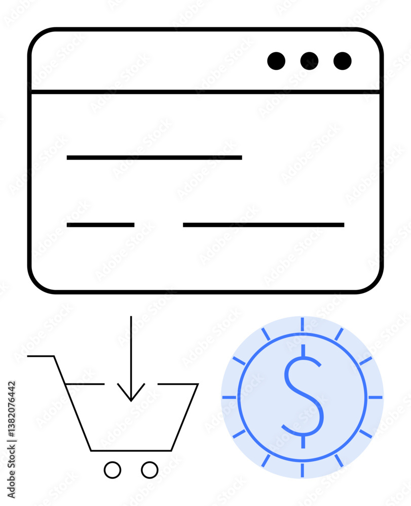 Aufkleber web browser interface with shopping cart and currency coin illustrating e-commerce themes. ideal for