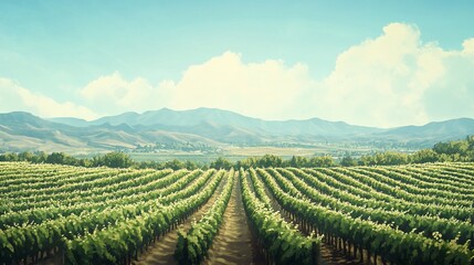 Naklejka premium Scenic Vineyard Landscape with Rolling Hills and Azure Sky in the Background