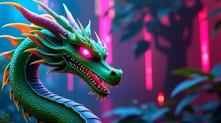 Fototapeta premium Majestic Neon Dragon Guarding a Realm of Glowing Pink Towers and Foliage