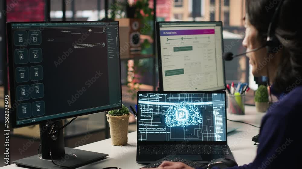 Poster call center agents track shipments in office using ai chatbot for help. customer center workers use 