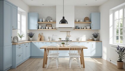 Serene Blue Kitchen Design with Farmhouse Table