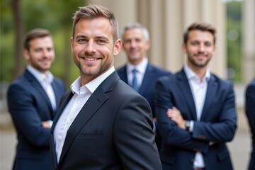 Fototapeta premium Group of Professional Young Adult Men Smiling in Business Attire at an Outdoor Location Likely for a Corporate Event or Team Gathering