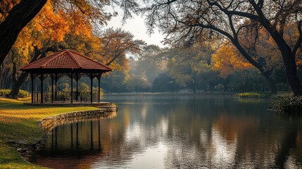 Fototapeta premium Autumnal Serenity: Gazebo by the Lake
