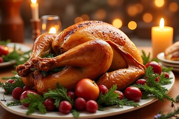 Golden brown roast turkey on a platter with festive garnishes and candles