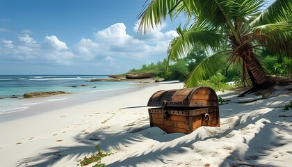 Tropical Beach with Treasure Chest and Palm Tree
