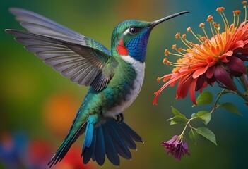 Fototapeta premium A colorful hummingbird with a vibrant green, blue, and red hovering near red flower