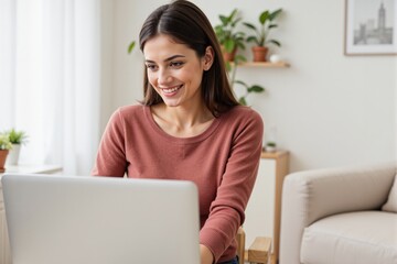 Fototapeta premium Engaged Young Adult Woman with Long Dark Hair Working on Laptop at Home in Cozy, Bright Living Space Surrounded by Indoor Plants