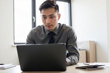 Focused Asian Male Professional Working at Desk with Laptop in Modern Office Setting, Dressed in Formal Attire, Deep in Concentration on a Task
