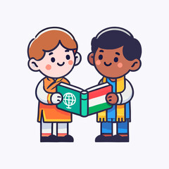 Boys from different countries reading a book together symbolizes cooperation