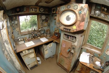 A cluttered workshop with vintage equipment and tools