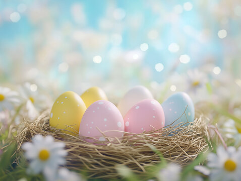 Pastel colored easter decorated eggs in a straw nest with outdoor bokeh background for easter day celebrations. Copy space