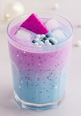 Refreshing Dragon Fruit Smoothie with Ice Cubes and Colorful Toppings