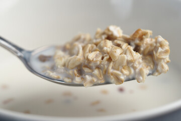 Spoon holding creamy oatmeal with milk and grains in close-up