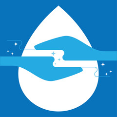 Water conservation through interlocking hands, space between shaped as water stream, within water droplet. Sparkles suggest purity, emphasizing importance of clean water and unity in preservation. 